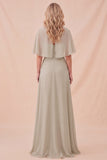 Abito Maxi a collo tondo in chiffon Taupe con cintura