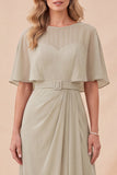 Abito Maxi a collo tondo in chiffon Taupe con cintura
