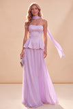 Vestito Maxi in chiffon a linea a spalline viola chiaro con perline
