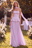 Vestito Maxi in chiffon a linea a spalline viola chiaro con perline