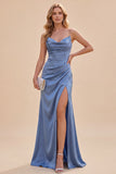 Maxi blu ardesia con spalline a spalle di raso con spalline