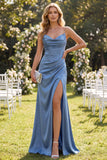 Maxi blu ardesia con spalline a spalle di raso con spalline
