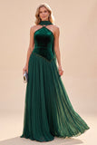 Abito Maxi a pieghe verde scuro con scollo