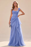 Abito Maxi blu arricciato con collo quadrato e volant blu A-Line