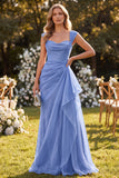 Abito Maxi blu arricciato con collo quadrato e volant blu A-Line
