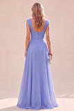 Abito Maxi blu arricciato con collo quadrato e volant blu A-Line