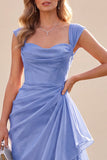 Abito Maxi blu arricciato con collo quadrato e volant blu A-Line
