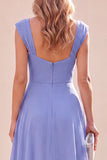 Abito Maxi blu arricciato con collo quadrato e volant blu A-Line