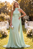 Abito Maxi a collo a cappola verde raso verde menta sirena con sciarpa