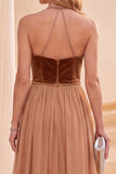 Abito Maxi a linea A con scollo a cappola khaki e perline