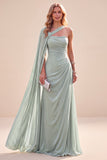 Abito Maxi verde menta a tramonta in chiffon a una spalla con mantello