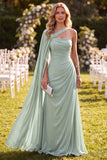 Abito Maxi verde menta a tramonta in chiffon a una spalla con mantello