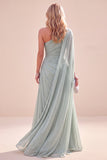 Abito Maxi verde menta a tramonta in chiffon a una spalla con mantello