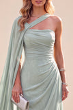 Abito Maxi verde menta a tramonta in chiffon a una spalla con mantello
