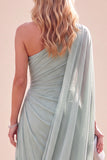 Abito Maxi verde menta a tramonta in chiffon a una spalla con mantello