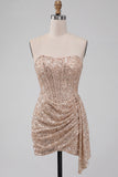 Champagne scintillante Bodycon Paillettes Corsetto Vestito corto di cocktail con fascia