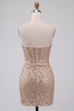 Champagne scintillante Bodycon Paillettes Corsetto Vestito corto di cocktail con fascia