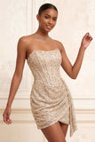 Champagne scintillante Bodycon Paillettes Corsetto Vestito corto di cocktail con fascia