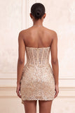 Champagne scintillante Bodycon Paillettes Corsetto Vestito corto di cocktail con fascia