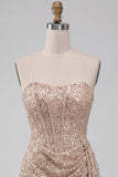 Champagne scintillante Bodycon Paillettes Corsetto Vestito corto di cocktail con fascia