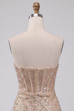 Champagne scintillante Bodycon Paillettes Corsetto Vestito corto di cocktail con fascia
