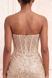 Champagne scintillante Bodycon Paillettes Corsetto Vestito corto di cocktail con fascia