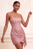 Champagne scintillante Bodycon Paillettes Corsetto Vestito corto di cocktail con fascia