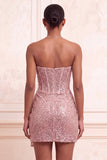 Champagne scintillante Bodycon Paillettes Corsetto Vestito corto di cocktail con fascia