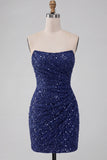 Vestito corto bodycon blu navy senza spalline scintillante con paillettes