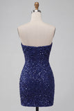 Vestito corto bodycon blu navy senza spalline scintillante con paillettes