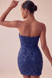 Vestito corto bodycon blu navy senza spalline scintillante con paillettes