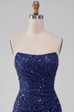 Vestito corto bodycon blu navy senza spalline scintillante con paillettes