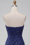 Vestito corto bodycon blu navy senza spalline scintillante con paillettes