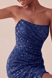 Vestito corto bodycon blu navy senza spalline scintillante con paillettes