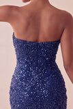Vestito corto bodycon blu navy senza spalline scintillante con paillettes