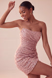 Vestito corto bodycon blu navy senza spalline scintillante con paillettes