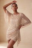 Bodycon rosa scintillante con collo tondo paillettes arricciati Vestito corto di cocktail con fascia
