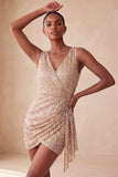 Bodycon rosa scintillante con collo tondo paillettes arricciati Vestito corto di cocktail con fascia