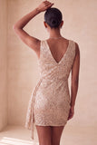 Bodycon rosa scintillante con collo tondo paillettes arricciati Vestito corto di cocktail con fascia