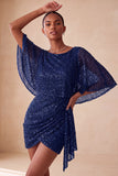 Bodycon rosa scintillante con collo tondo paillettes arricciati Vestito corto di cocktail con fascia