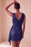 Bodycon rosa scintillante con collo tondo paillettes arricciati Vestito corto di cocktail con fascia