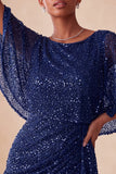 Bodycon rosa scintillante con collo tondo paillettes arricciati Vestito corto di cocktail con fascia