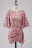 Bodycon rosa scintillante con collo tondo paillettes arricciati Vestito corto di cocktail con fascia