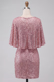 Bodycon rosa scintillante con collo tondo paillettes arricciati Vestito corto di cocktail con fascia
