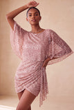 Bodycon rosa scintillante con collo tondo paillettes arricciati Vestito corto di cocktail con fascia