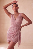 Bodycon rosa scintillante con collo tondo paillettes arricciati Vestito corto di cocktail con fascia