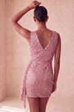 Bodycon rosa scintillante con collo tondo paillettes arricciati Vestito corto di cocktail con fascia