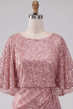 Bodycon rosa scintillante con collo tondo paillettes arricciati Vestito corto di cocktail con fascia