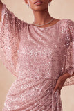 Bodycon rosa scintillante con collo tondo paillettes arricciati Vestito corto di cocktail con fascia