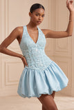 Abito corto da fine A-Line A-Neck blu cielo per il Cerimonia